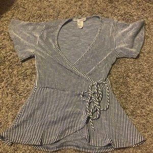 Blue and White striped blouse. Low v-neck.